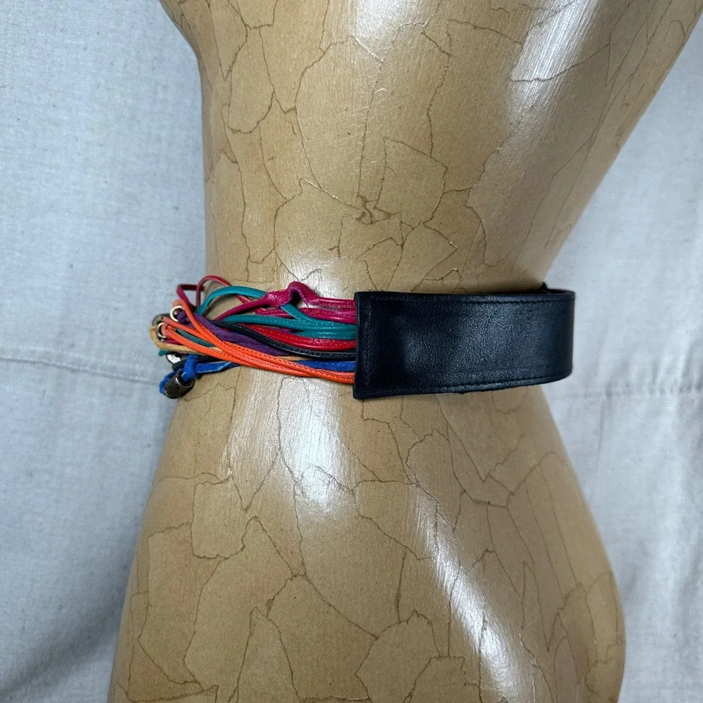80s vintage statement Multi Leather Cord Bead Belt Black Multi Rainbow Boho